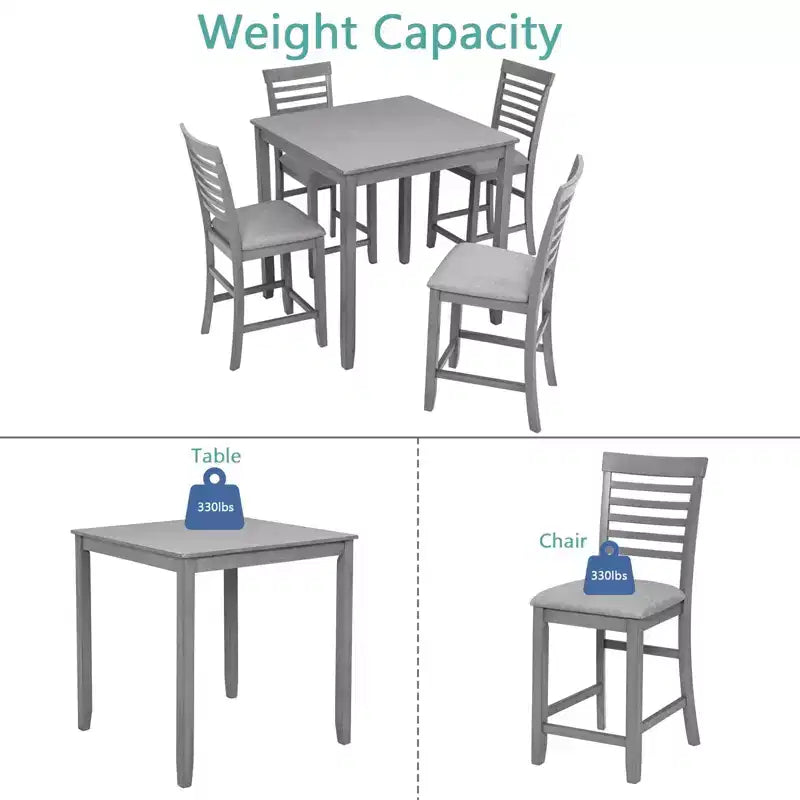 MAYEERTY 5-Piece Counter Height Dining Set, Square Wooden Table 4 Upholstered Chairs, Small Space Kitchen, Walnut