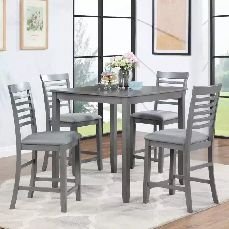 MAYEERTY 5-Piece Counter Height Dining Set, Square Wooden Table 4 Upholstered Chairs, Small Space Kitchen, Walnut