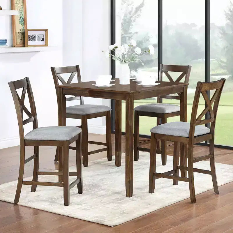 MAYEERTY 5-Piece Counter Height Dining Set, Square Wooden Table 4 Upholstered Chairs, Small Space Kitchen, Walnut