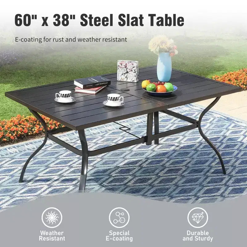 Captiva Designs 8pc Patio Slat-top Dining Steel Table & Metal Chairs with Stripe Back & Market Umbrella