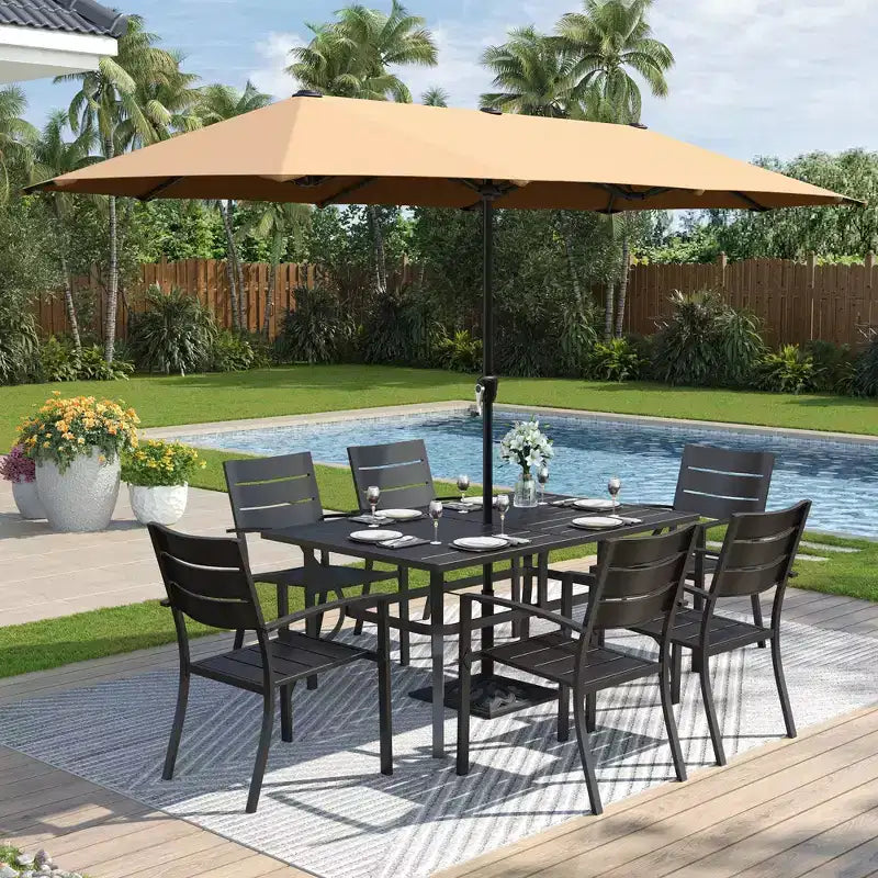 Captiva Designs 8pc Patio Slat-top Dining Steel Table & Metal Chairs with Stripe Back & Market Umbrella