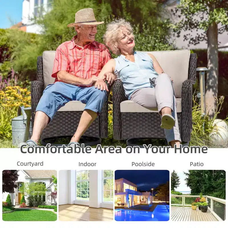COZONY 3-Piece Outdoor Wicker Swivel Rocker Patio Set with 360 Swivel Rocking Chairs & Tempered Glass Side Table for Balcony Garden Deck