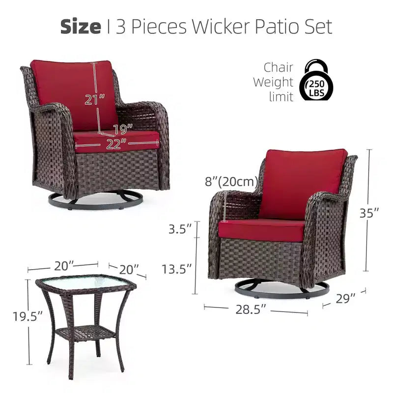 COZONY 3-Piece Outdoor Wicker Swivel Rocker Patio Set with 360 Swivel Rocking Chairs & Tempered Glass Side Table for Balcony Garden Deck