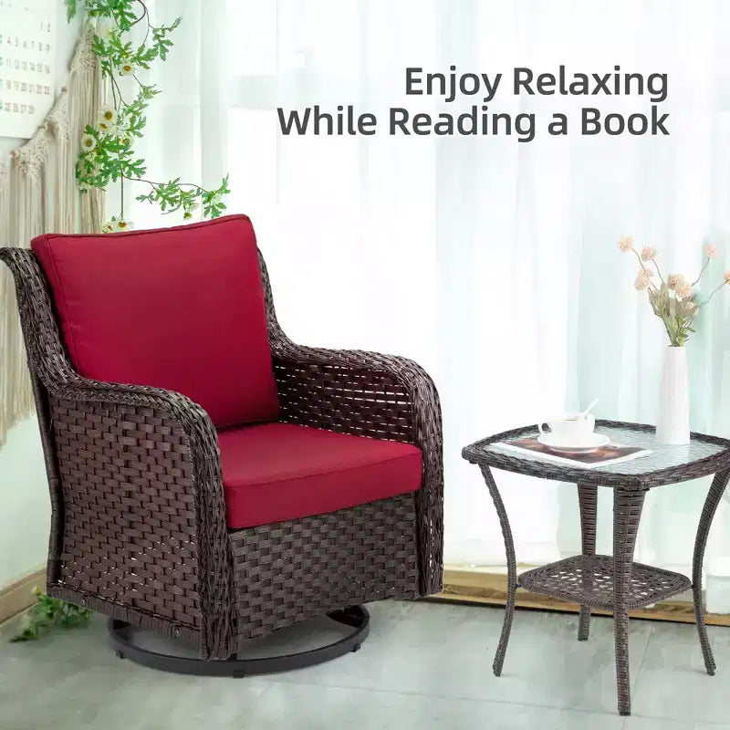 COZONY 3-Piece Outdoor Wicker Swivel Rocker Patio Set with 360 Swivel Rocking Chairs & Tempered Glass Side Table for Balcony Garden Deck