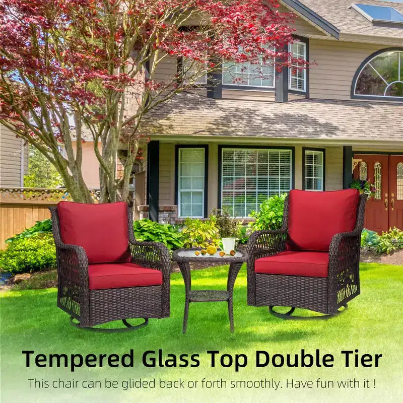 COZONY 3-Piece Outdoor Wicker Swivel Rocker Patio Set with 360 Swivel Rocking Chairs & Tempered Glass Side Table for Balcony Garden Deck
