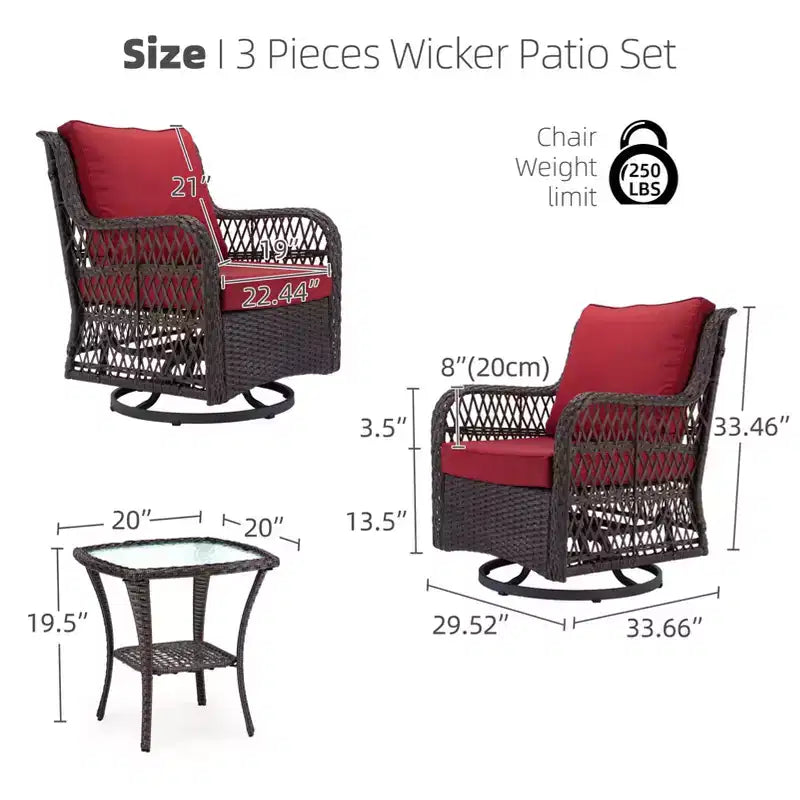 COZONY 3-Piece Outdoor Wicker Swivel Rocker Patio Set with 360 Swivel Rocking Chairs & Tempered Glass Side Table for Balcony Garden Deck