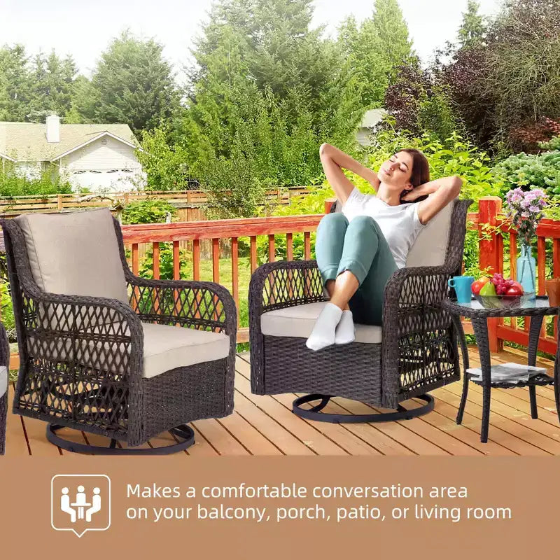 COZONY 3-Piece Outdoor Wicker Swivel Rocker Patio Set with 360 Swivel Rocking Chairs & Tempered Glass Side Table for Balcony Garden Deck