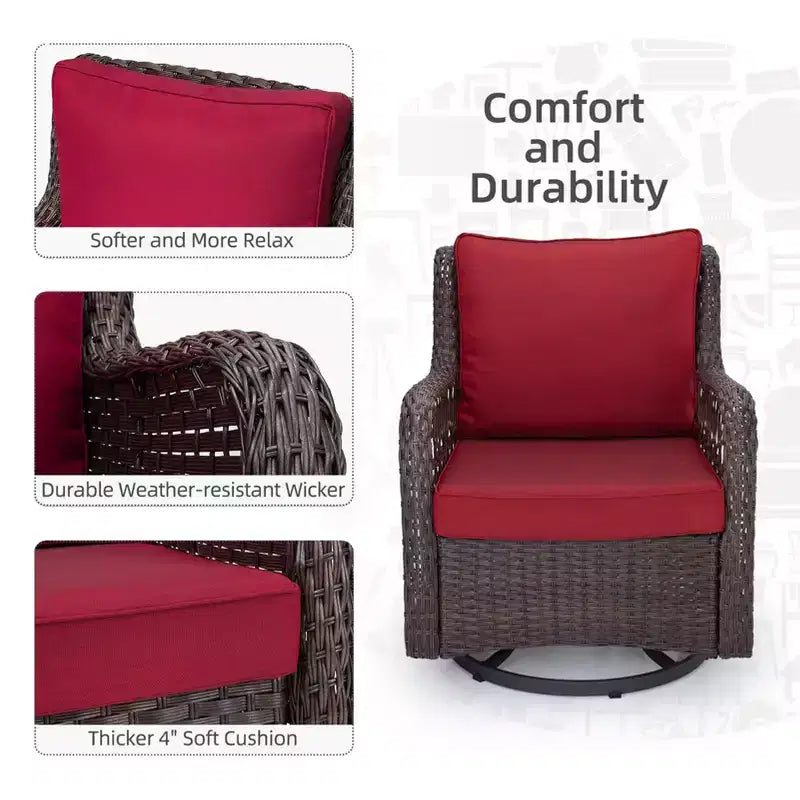 COZONY 3-Piece Outdoor Wicker Swivel Rocker Patio Set with 360 Swivel Rocking Chairs & Tempered Glass Side Table for Balcony Garden Deck