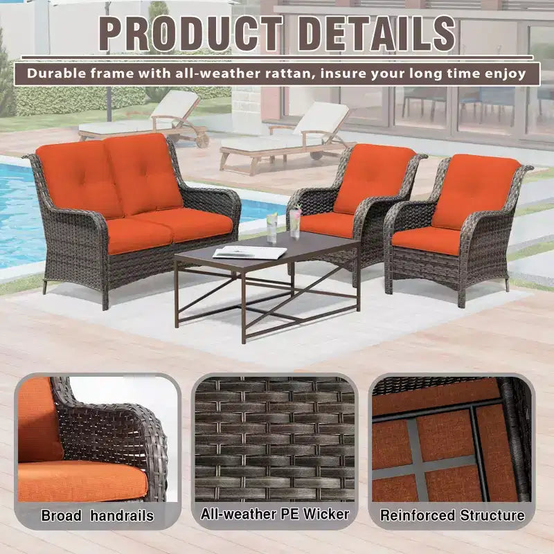 UPTIOT 4-Piece All-Weather Outdoor Lounge Set with Loveseat, Chairs & Tempered Table