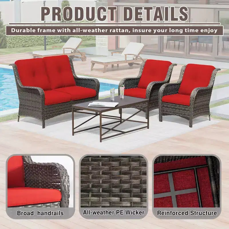 UPTIOT 4-Piece All-Weather Outdoor Lounge Set with Loveseat, Chairs & Tempered Table