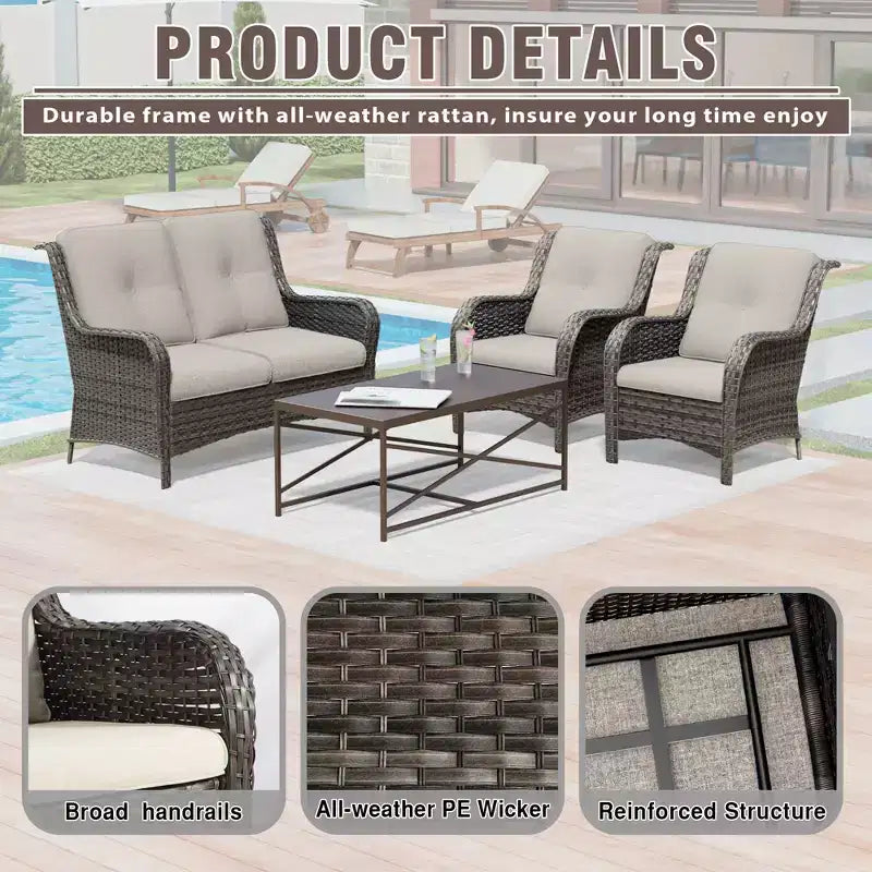UPTIOT 4-Piece All-Weather Outdoor Lounge Set with Loveseat, Chairs & Tempered Table