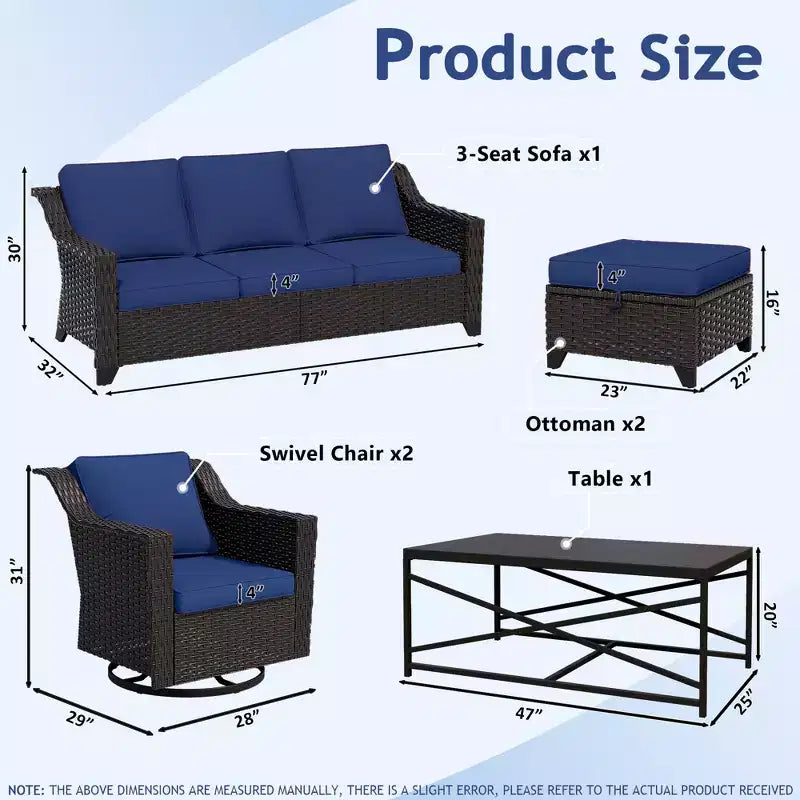 UPTIOT 6-Piece Outdoor Patio Set: 2 Swivel Chairs, 3-Seat Sofa, Coffee Table & 2 Ottomans