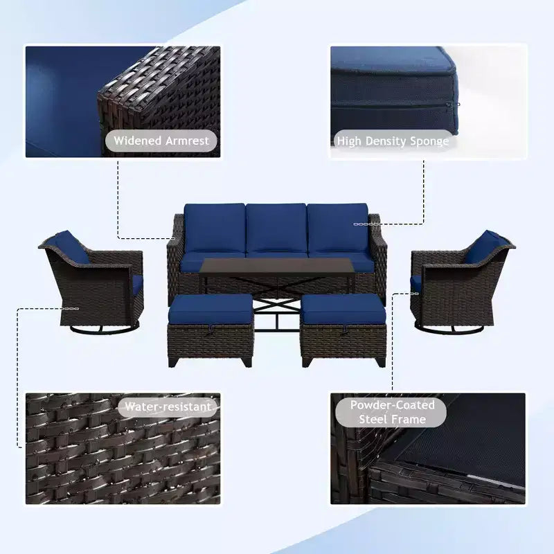UPTIOT 6-Piece Outdoor Patio Set: 2 Swivel Chairs, 3-Seat Sofa, Coffee Table & 2 Ottomans