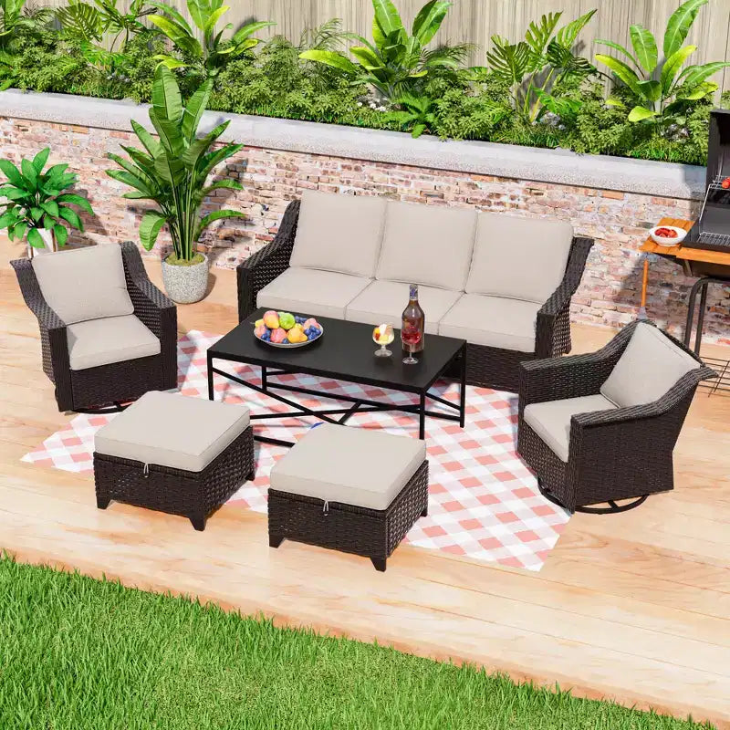 UPTIOT 6-Piece Outdoor Patio Set: 2 Swivel Chairs, 3-Seat Sofa, Coffee Table & 2 Ottomans