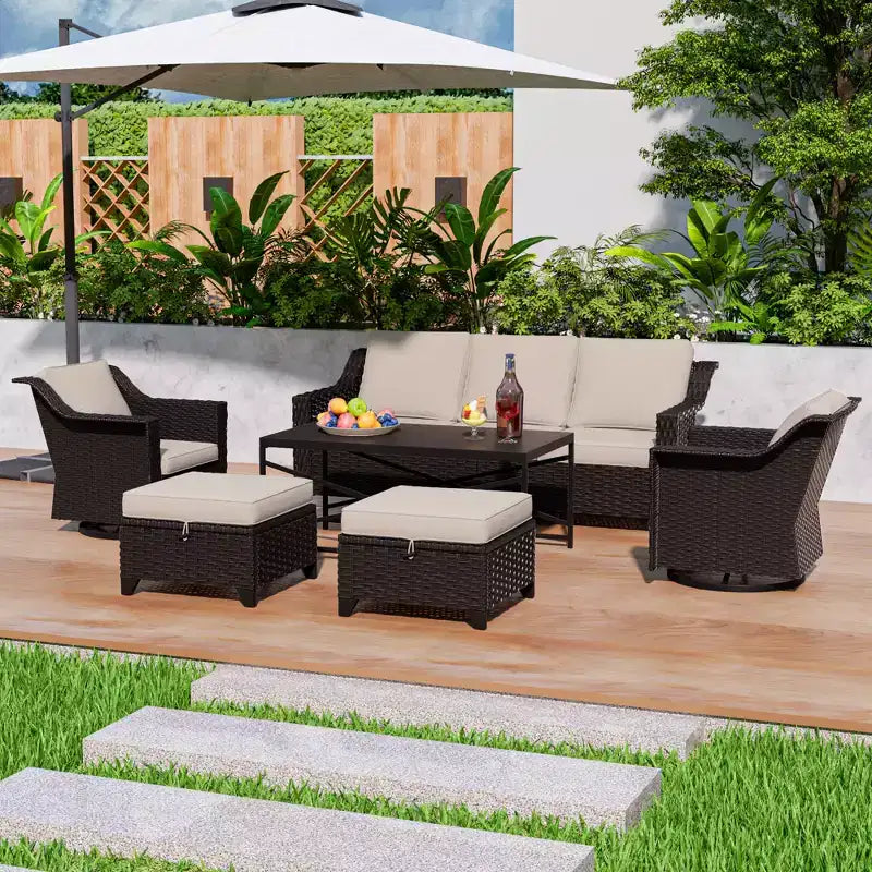 UPTIOT 6-Piece Outdoor Patio Set: 2 Swivel Chairs, 3-Seat Sofa, Coffee Table & 2 Ottomans