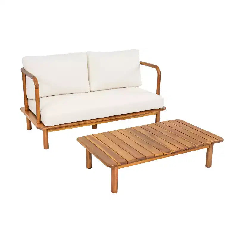 Christopher Knight Home Kazuya Modern 2 Piece Acacia Wood Patio Seating Set with Cushion