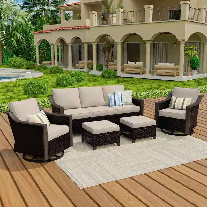 UPTIOT Outdoor Patio Set with 3-Seat Sofa, 2 Swivel Chairs, and 2 Ottomans