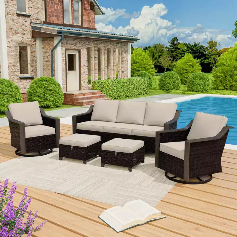 UPTIOT Outdoor Patio Set with 3-Seat Sofa, 2 Swivel Chairs, and 2 Ottomans