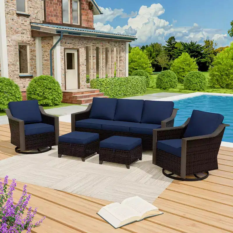 UPTIOT Outdoor Patio Set with 3-Seat Sofa, 2 Swivel Chairs, and 2 Ottomans