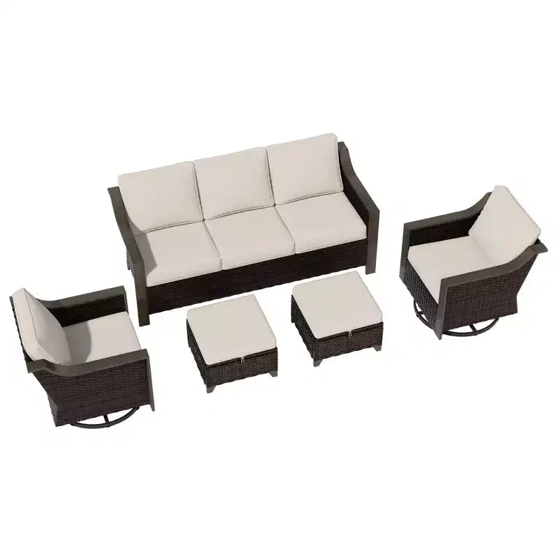 UPTIOT Outdoor Patio Set with 3-Seat Sofa, 2 Swivel Chairs, and 2 Ottomans