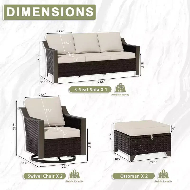 UPTIOT Outdoor Patio Set with 3-Seat Sofa, 2 Swivel Chairs, and 2 Ottomans