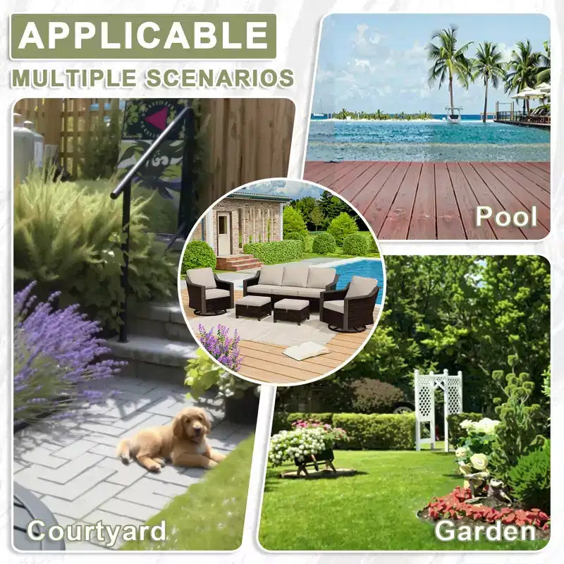 UPTIOT Outdoor Patio Set with 3-Seat Sofa, 2 Swivel Chairs, and 2 Ottomans