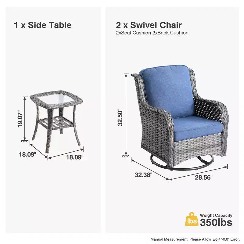 HOMLUX 3 PCS Outdoor 360Swivel Rocker Chairs Set Patio Bistro Seating Set with Side Table & Cushion