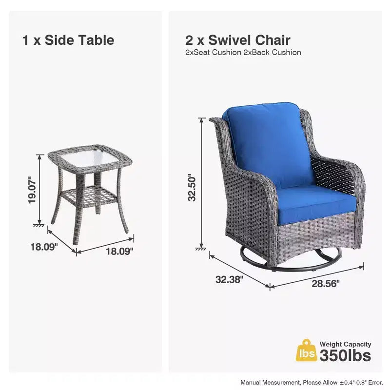 HOMLUX 3 PCS Outdoor 360Swivel Rocker Chairs Set Patio Bistro Seating Set with Side Table & Cushion