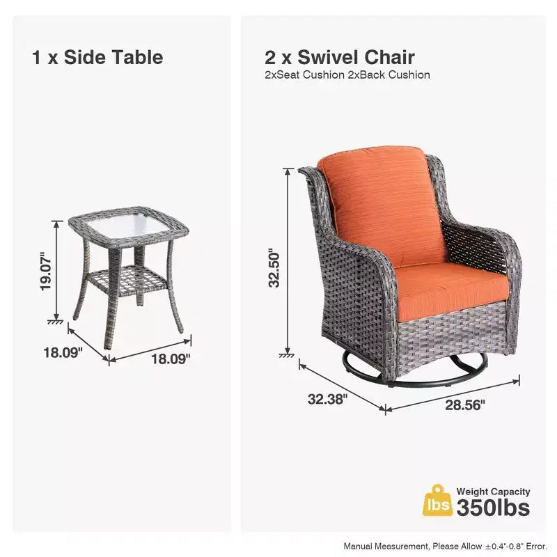 HOMLUX 3 PCS Outdoor 360Swivel Rocker Chairs Set Patio Bistro Seating Set with Side Table & Cushion