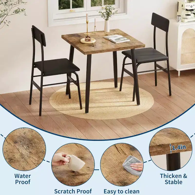 Small Dining Table Set for 2, 3 Pcs Kitchen Table Set with 2 Upholstered Chairs, Breakfast Table for Samll Space, Dining Room, Apartment, Restaurant