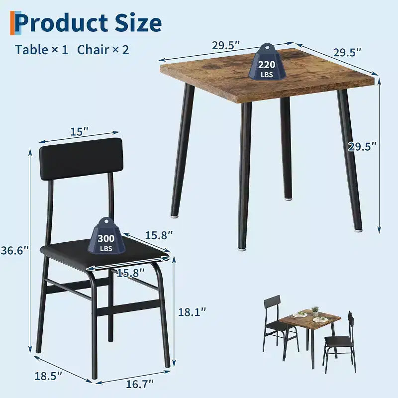 Small Dining Table Set for 2, 3 Pcs Kitchen Table Set with 2 Upholstered Chairs, Breakfast Table for Samll Space, Dining Room, Apartment, Restaurant