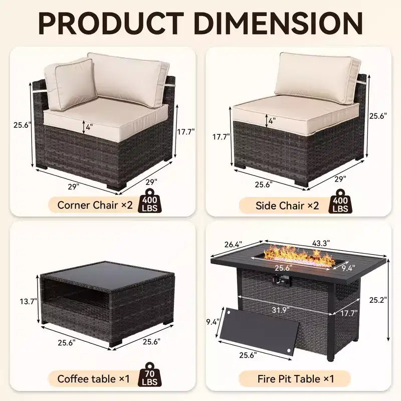 UPTIOT 5-Piece Patio Set: 2 Corner Sofas, 2 Side Chairs & Grey Fire Pit Table for Ultimate Outdoor Comfort and Entertainment
