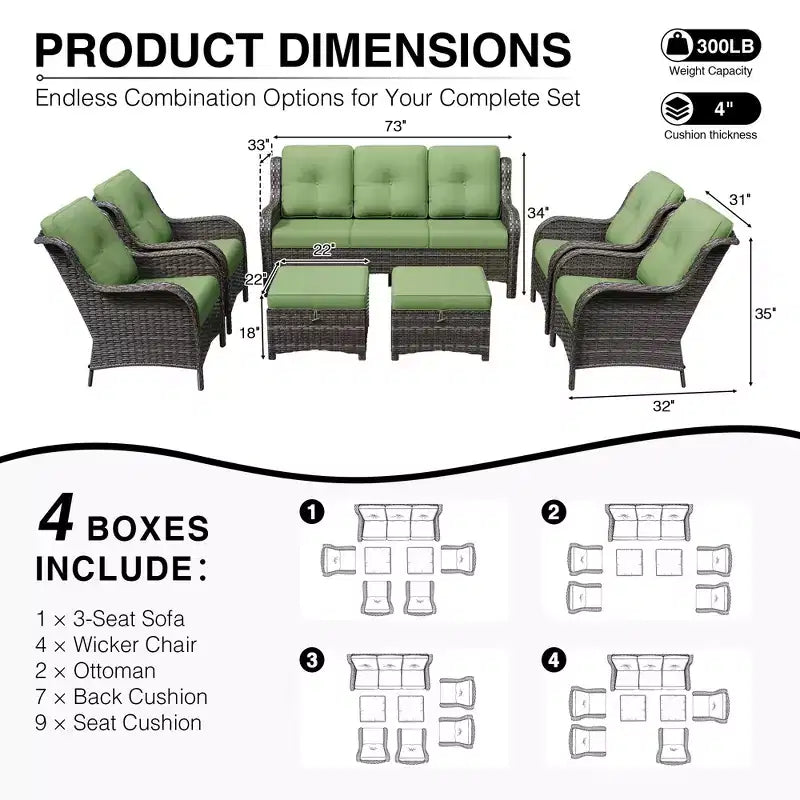UPTIOT All-Weather Olefin Wicker Sofa & Chair Set with Multi-Functional Ottomans