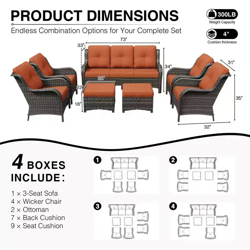 UPTIOT All-Weather Olefin Wicker Sofa & Chair Set with Multi-Functional Ottomans