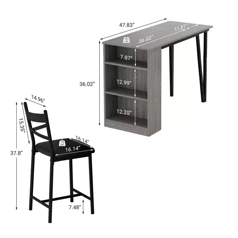 Dining Table Set for 2, Kitchen Bar Table and Chairs, High Top Kitchen Bar Table with 3 Tier Storage Shelves & 2 Stool, for Restaurants Bistros