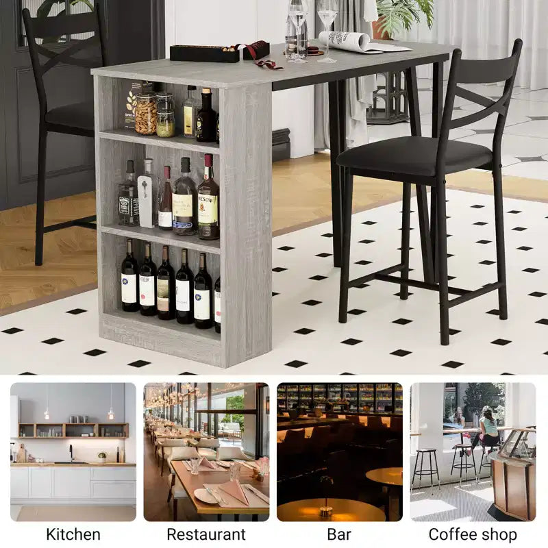 Dining Table Set for 2, Kitchen Bar Table and Chairs, High Top Kitchen Bar Table with 3 Tier Storage Shelves & 2 Stool, for Restaurants Bistros