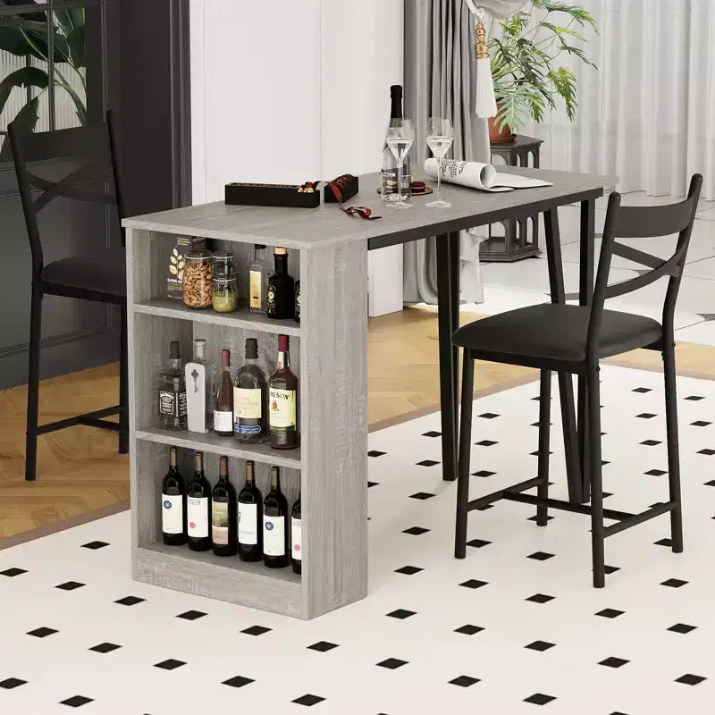 Dining Table Set for 2, Kitchen Bar Table and Chairs, High Top Kitchen Bar Table with 3 Tier Storage Shelves & 2 Stool, for Restaurants Bistros
