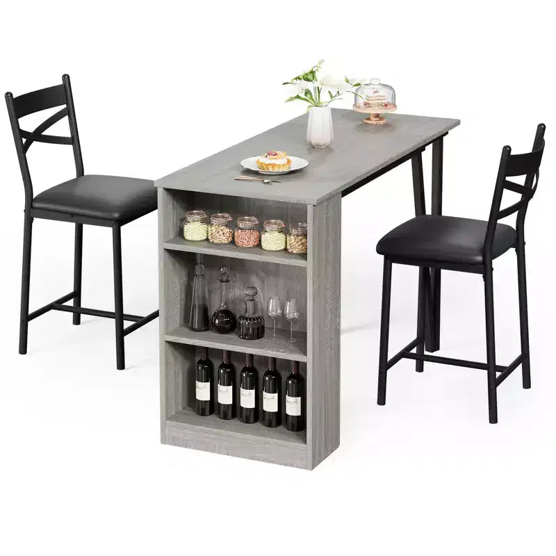 Dining Table Set for 2, Kitchen Bar Table and Chairs, High Top Kitchen Bar Table with 3 Tier Storage Shelves & 2 Stool, for Restaurants Bistros
