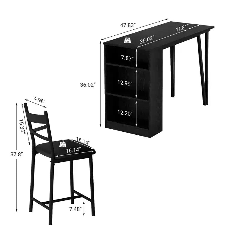 Dining Table Set for 2, Kitchen Bar Table and Chairs, High Top Kitchen Bar Table with 3 Tier Storage Shelves & 2 Stool, for Restaurants Bistros