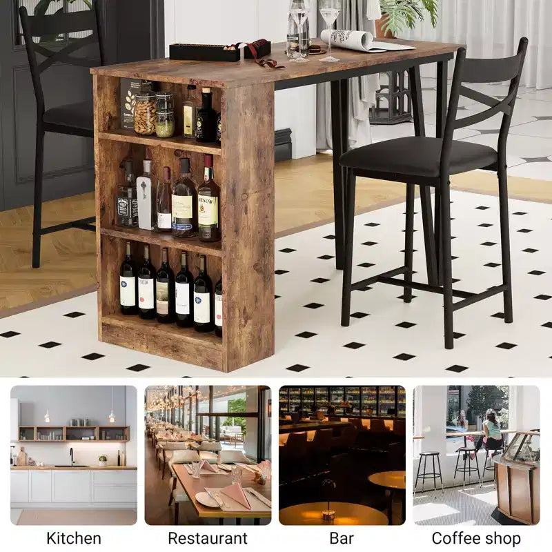 Dining Table Set for 2, Kitchen Bar Table and Chairs, High Top Kitchen Bar Table with 3 Tier Storage Shelves & 2 Stool, for Restaurants Bistros