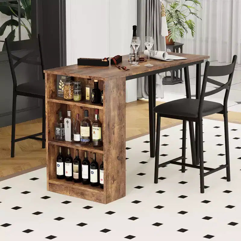 Dining Table Set for 2, Kitchen Bar Table and Chairs, High Top Kitchen Bar Table with 3 Tier Storage Shelves & 2 Stool, for Restaurants Bistros