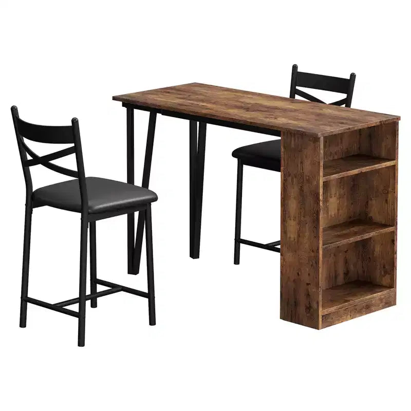 Dining Table Set for 2, Kitchen Bar Table and Chairs, High Top Kitchen Bar Table with 3 Tier Storage Shelves & 2 Stool, for Restaurants Bistros