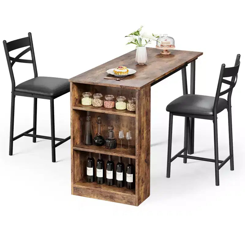 Dining Table Set for 2, Kitchen Bar Table and Chairs, High Top Kitchen Bar Table with 3 Tier Storage Shelves & 2 Stool, for Restaurants Bistros