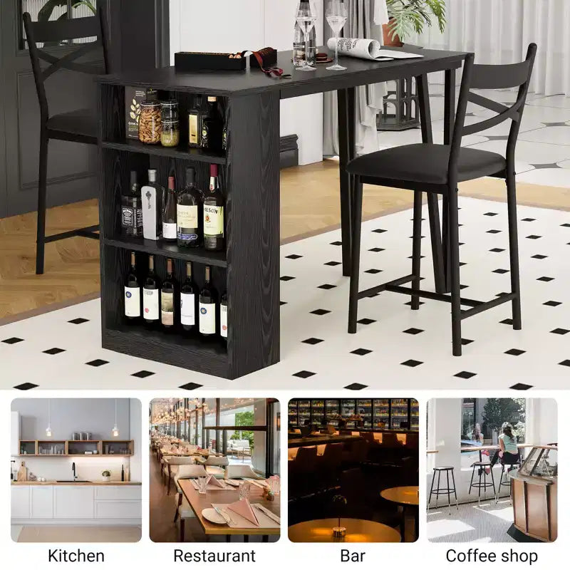 Dining Table Set for 2, Kitchen Bar Table and Chairs, High Top Kitchen Bar Table with 3 Tier Storage Shelves & 2 Stool, for Restaurants Bistros