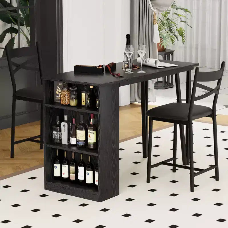 Dining Table Set for 2, Kitchen Bar Table and Chairs, High Top Kitchen Bar Table with 3 Tier Storage Shelves & 2 Stool, for Restaurants Bistros