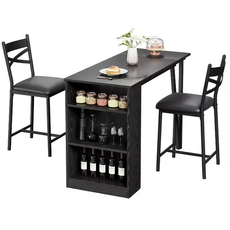 Dining Table Set for 2, Kitchen Bar Table and Chairs, High Top Kitchen Bar Table with 3 Tier Storage Shelves & 2 Stool, for Restaurants Bistros