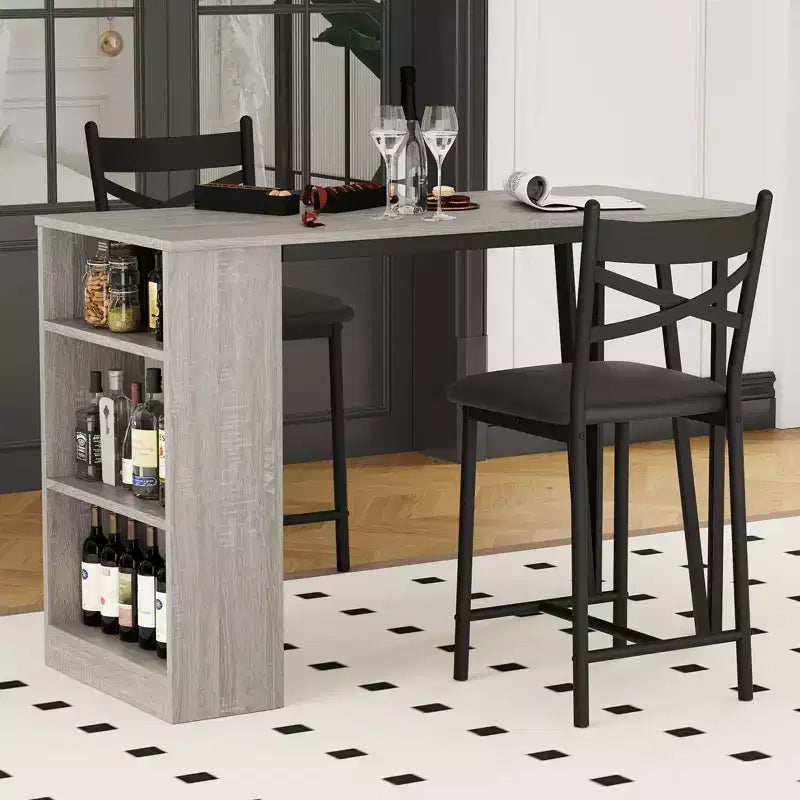 Dining Table Set for 2, Kitchen Bar Table and Chairs, High Top Kitchen Bar Table with 3 Tier Storage Shelves & 2 Stool, for Restaurants Bistros