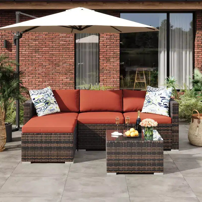 5-Piece All-Weather PE Rattan Wicker Patio Sectional Set - Thick Cushions, Ottoman, Glass Coffee Table, Modular Outdoor Conversation Sofa for Garden