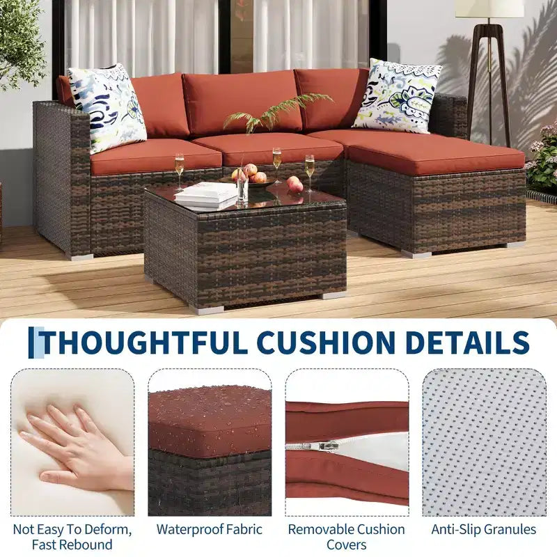 5-Piece All-Weather PE Rattan Wicker Patio Sectional Set - Thick Cushions, Ottoman, Glass Coffee Table, Modular Outdoor Conversation Sofa for Garden