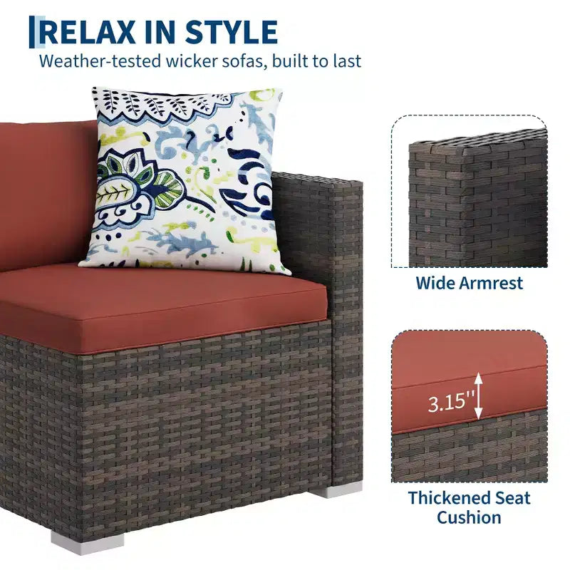 5-Piece All-Weather PE Rattan Wicker Patio Sectional Set - Thick Cushions, Ottoman, Glass Coffee Table, Modular Outdoor Conversation Sofa for Garden